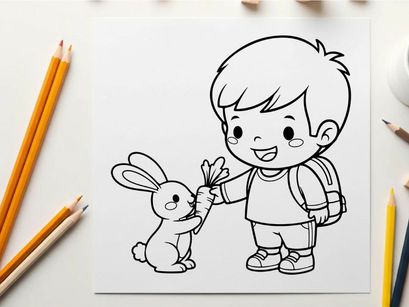 Boy holding bunny happy friendship vector illustration flat design