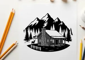 Cozy cabin silhouette in snowy mountain forest landscape