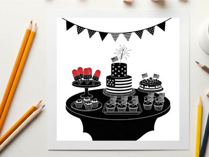 Patriotic dessert table with silhouette of cakes and decorations