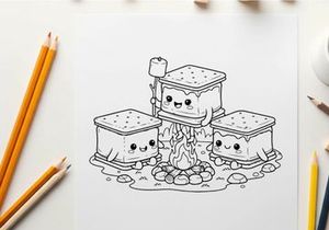 Cute marshmallow toasting campfire vector illustration
