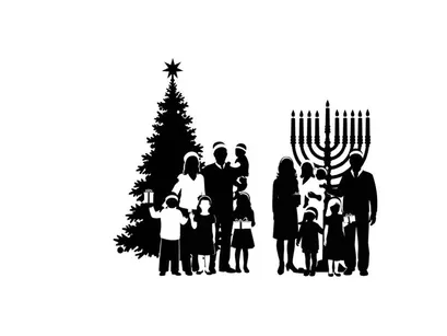 Holiday celebration silhouette of family by christmas tree and menorah