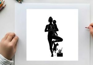 Silhouette of a woman with a baby and cat exercising