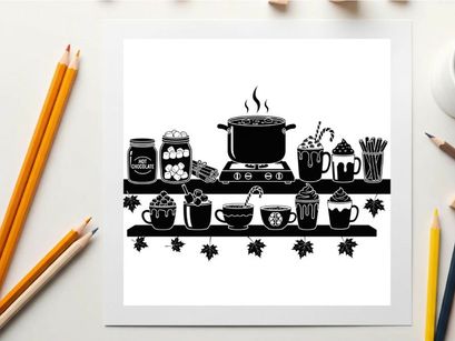 Silhouette of kitchen items on a shelf with a pot and cups silhouette