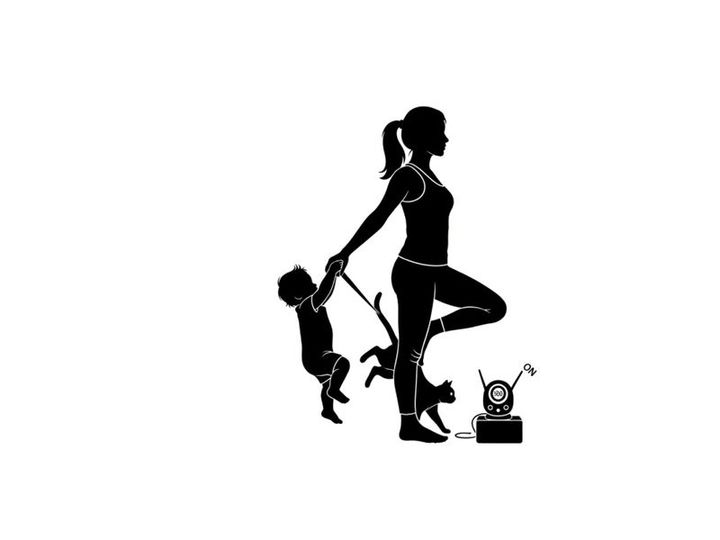 Silhouette of woman balancing child and dog while exercising