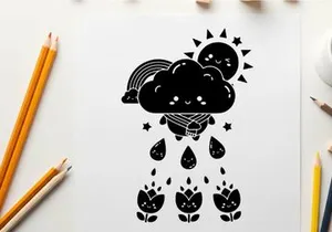Silhouette of a smiling sun and cloud with rain and flowers