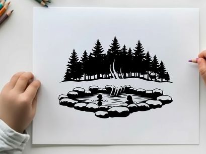 Serene silhouette of forest pond with trees and water
