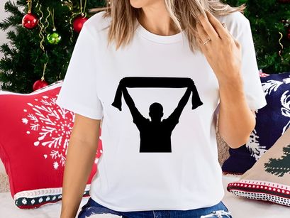 A person holding up a scarf in the air with both hands
