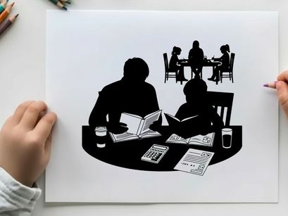 Silhouette of two people reading at a table with others in background silhouette