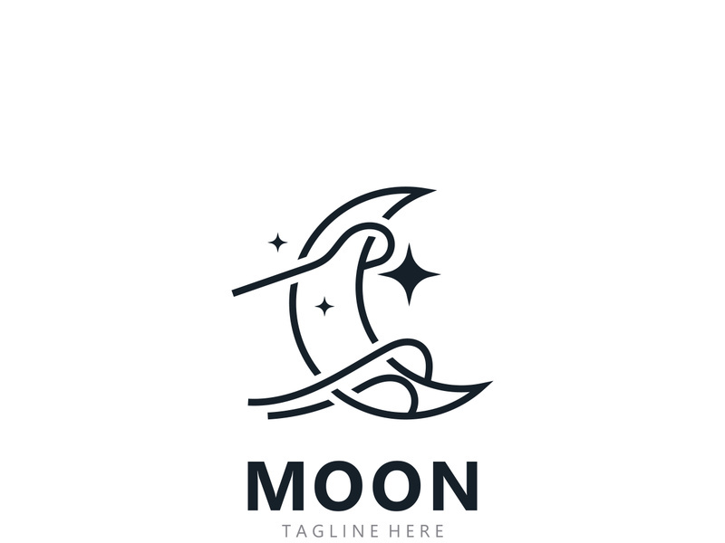 Moon elegant crescent and star logo design line in simple style outline background