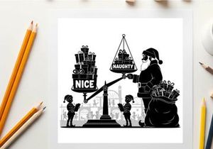 Santa claus weighs hearts in a silhouette scene