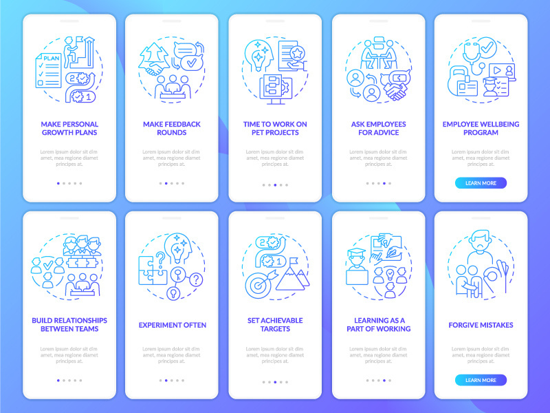 Employee motivation blue gradient onboarding mobile app screen set