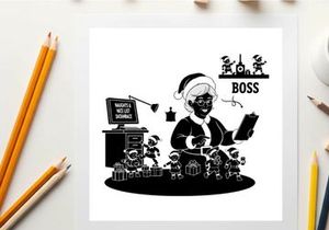 Silhouette of a santa claus like figure as a boss with silhouette city