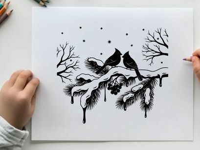 Silhouette of two birds on a snowy branch with bare trees and falling snow