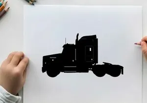 Silhouette of a semi truck against a white background
