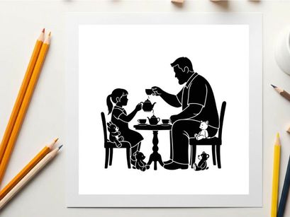 Silhouette of a man and a girl having tea with pets