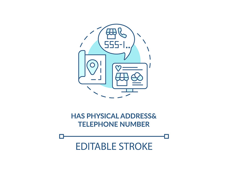 Has physical address and telephone number concept icon