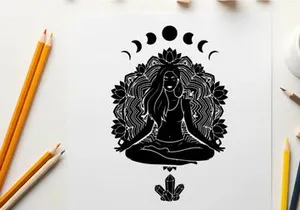 Silhouette of a woman meditating in lotus position with moon phases