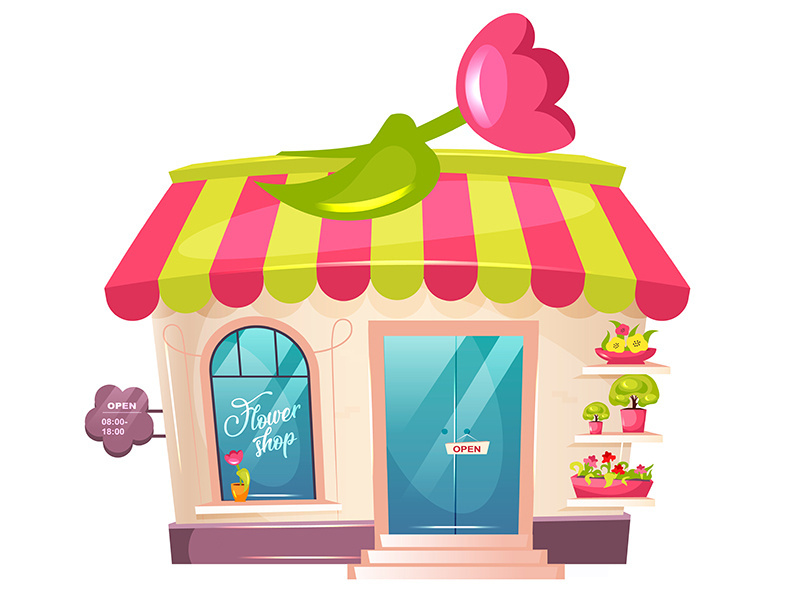 Flower shop exterior cartoon vector illustration