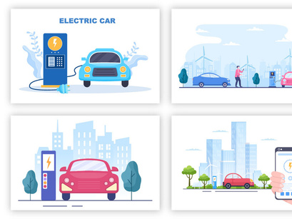 16 Charging Electric Green Car illustration