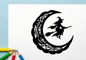 Silhouette of a Witch Flying on a Broomstick at Night with Crescent Moon