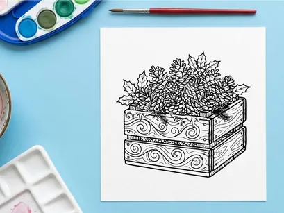 Handgezeichneter Weihnachtsgeschenkkarton mit verziertem Blumenmuster und dekorativen Schwüngen für festliche Deko