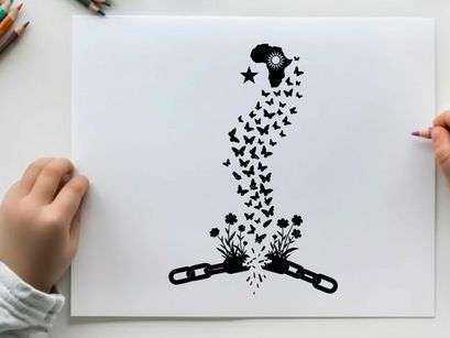 Silhouette of a broken chain with butterflies and flowers emerging