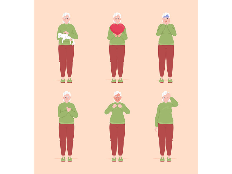 Senior women with different moods semi flat color vector characters set