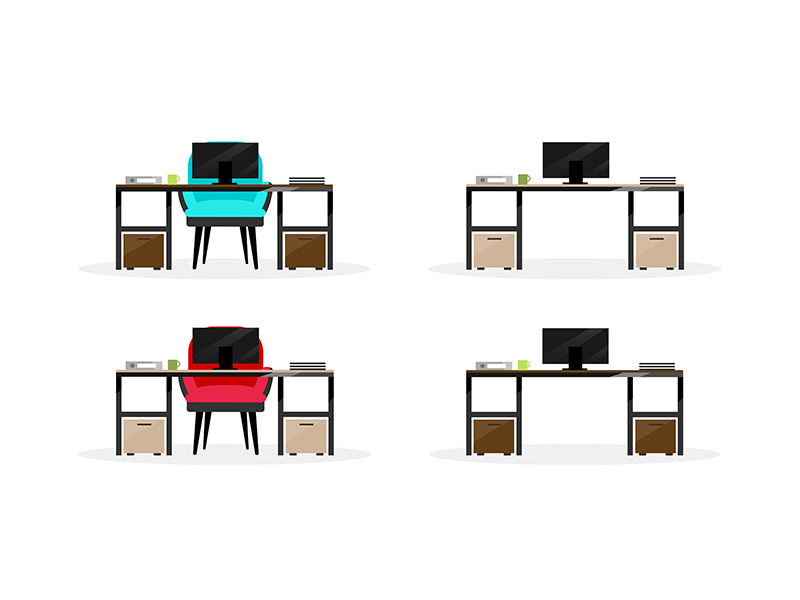 Computer table flat color vector objects set