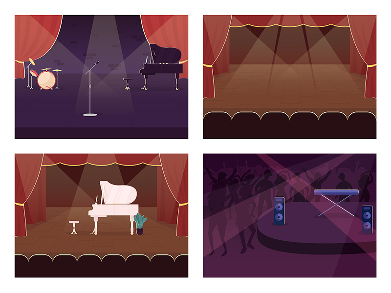 Empty music stage flat color vector illustration set