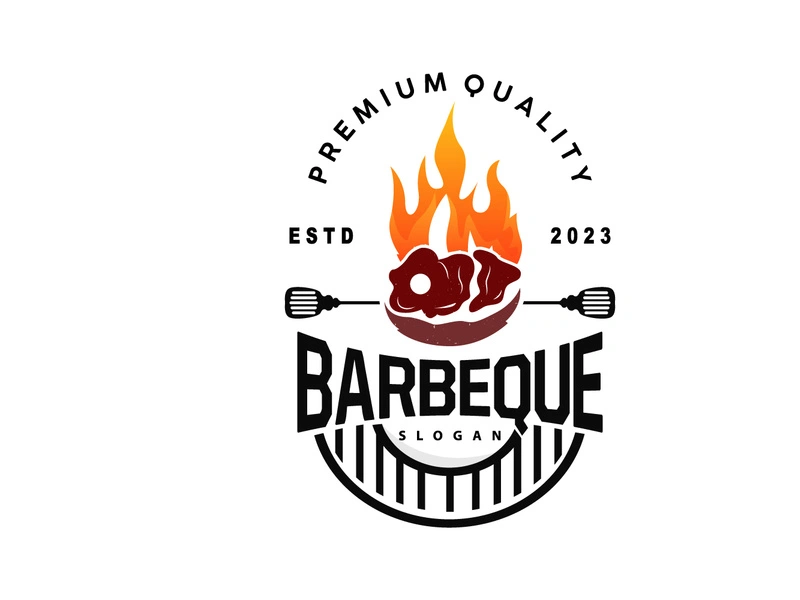 Barbeque Logo, Hot Grill Design With Fire And Spatula, Vector BBQ Grill Vintage