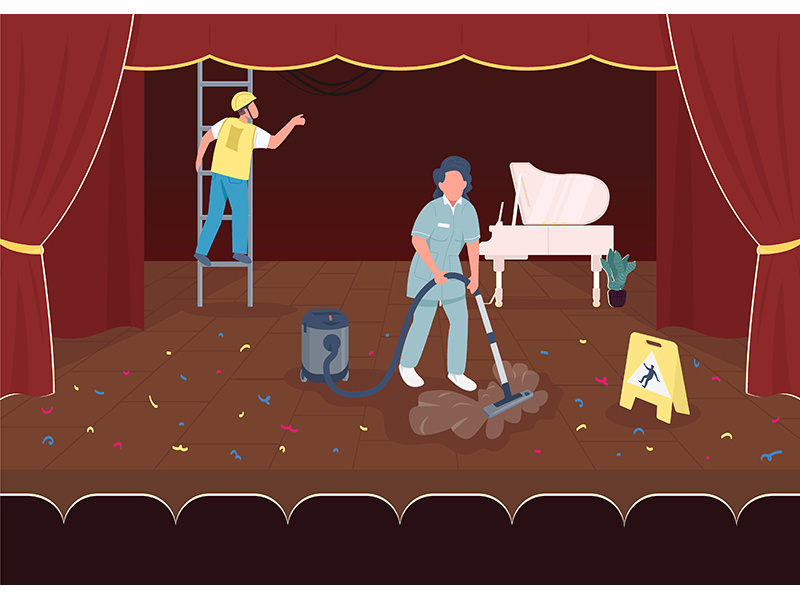 Cleaning after big concert flat color vector illustration