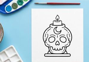 Day of the Dead sugar skull candle holder with flame. Hand-drawn Halloween calavera decor for festive home styling.