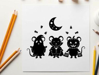 Three mice in halloween costumes under a crescent moon silhouette