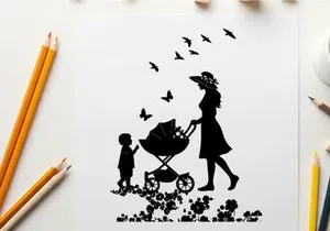 Silhouette of woman pushing stroller with child and birds