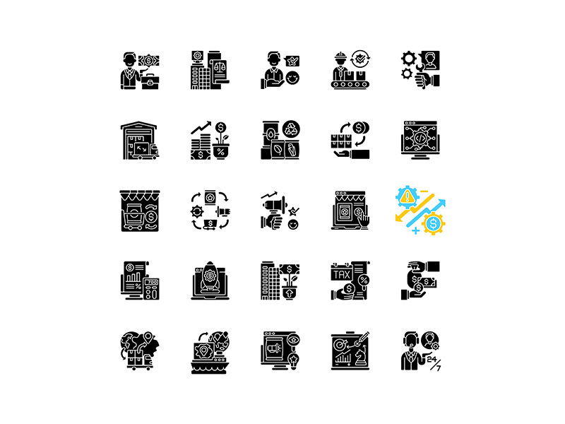 Entrepreneurship black glyph icons set on white space