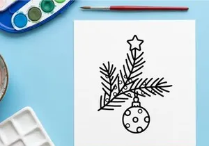 Christmas tree branch with hanging bauble ornament and star icon line art illustration