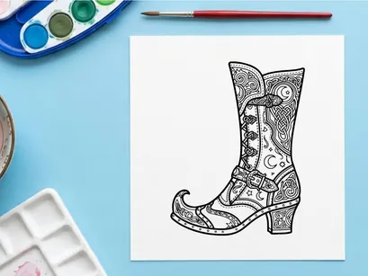 Hand-drawn vintage cowboy boot illustration. Retro western footwear sketch with ornate floral patterns and decorative stitching.
