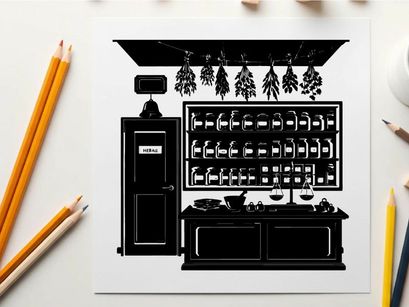 Silhouette of a vintage apothecary shop interior with hanging herbs