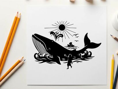 Silhouette of a whale and jonah biblical scene