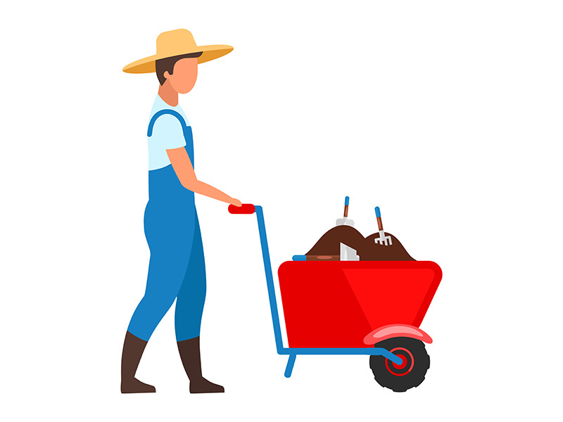Farmer with wheelbarrow flat vector illustration
