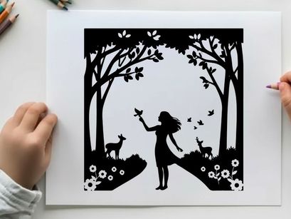Silhouette of a girl in a forest with deer and flowers silhouette
