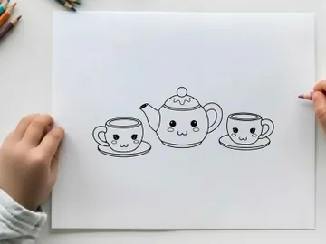 Cute teapot and cups set smiling vector illustration flat design preview picture
