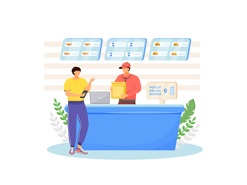 Fast food seller and buyer flat color vector faceless characters