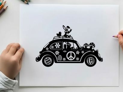 Silhouette of a decorated vw van with cartoon characters