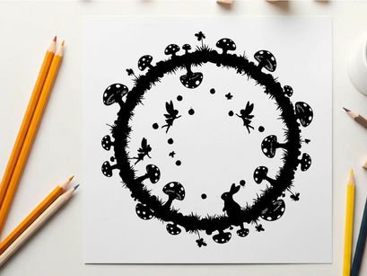Black and white illustration of a circular floral pattern