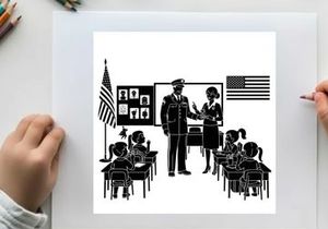 Police officer visits classroom with teacher and students in silhouette