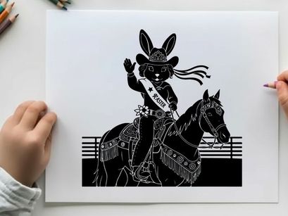 Silhouette of a cartoon bunny cowgirl riding a horse in a rodeo event