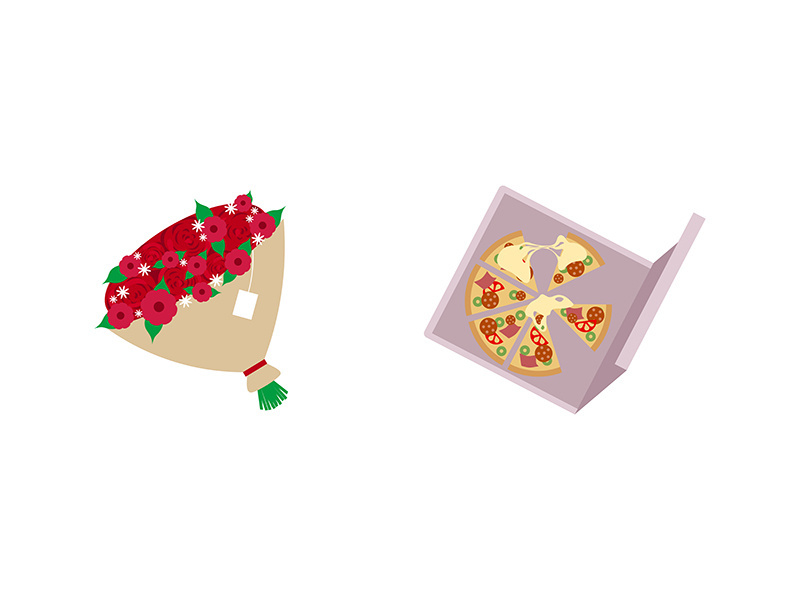 Pizza and roses flat color vector objects set
