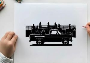 Silhouette of a pickup truck parked near a fence with people and umbrellas