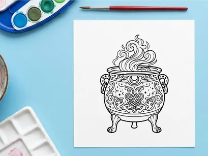 Witch cauldron with magic steam. Occult potion pot with mystical celestial ornaments.